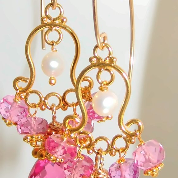 Gold Pink Topaz Pink Quartz Earrings Gemstone Briolette Chandelier Earrings - Picture 2 of 6